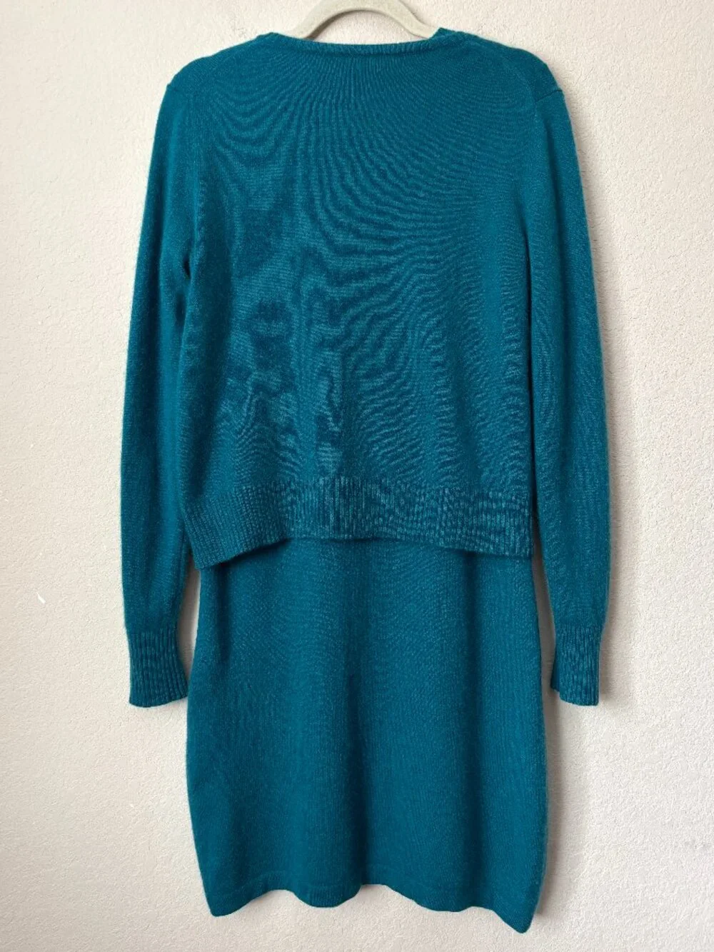Two-Piece 100% Cashmere Teal Long Sleeve Dress and Cardigan Set Luxurious